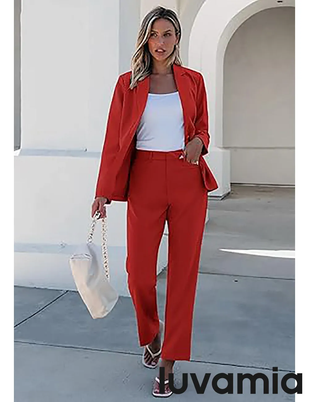 LUVAMIA Women's Blazer Set Business Casual Full Fit Blazer Jackets and Straight Pant Suits with Pockets