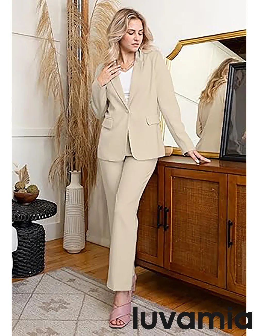 LUVAMIA Women's Blazer Set Business Casual Full Fit Blazer Jackets and Straight Pant Suits with Pockets