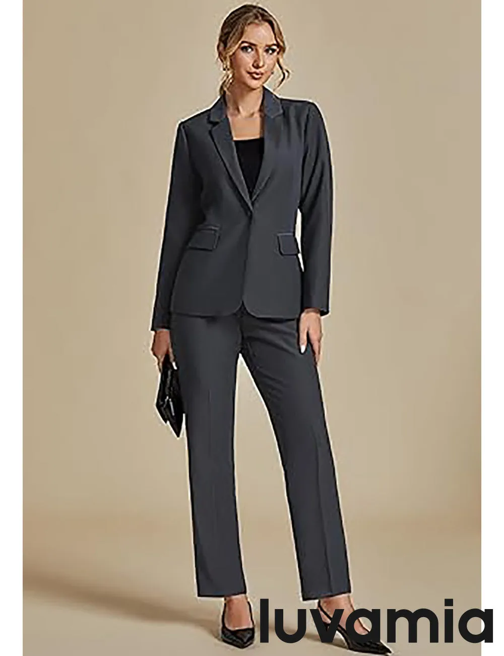 LUVAMIA Women's Blazer Set Business Casual Full Fit Blazer Jackets and Straight Pant Suits with Pockets