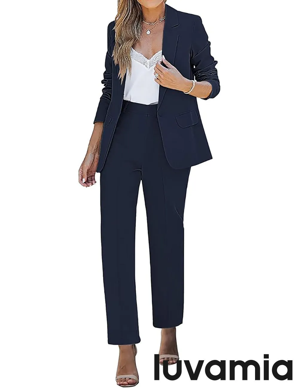 LUVAMIA Women's Blazer Set Business Casual Full Fit Blazer Jackets and Straight Pant Suits with Pockets
