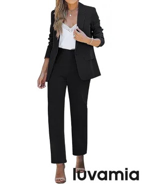LUVAMIA Women's Blazer Set Business Casual Full Fit Blazer Jackets and Straight Pant Suits with Pockets
