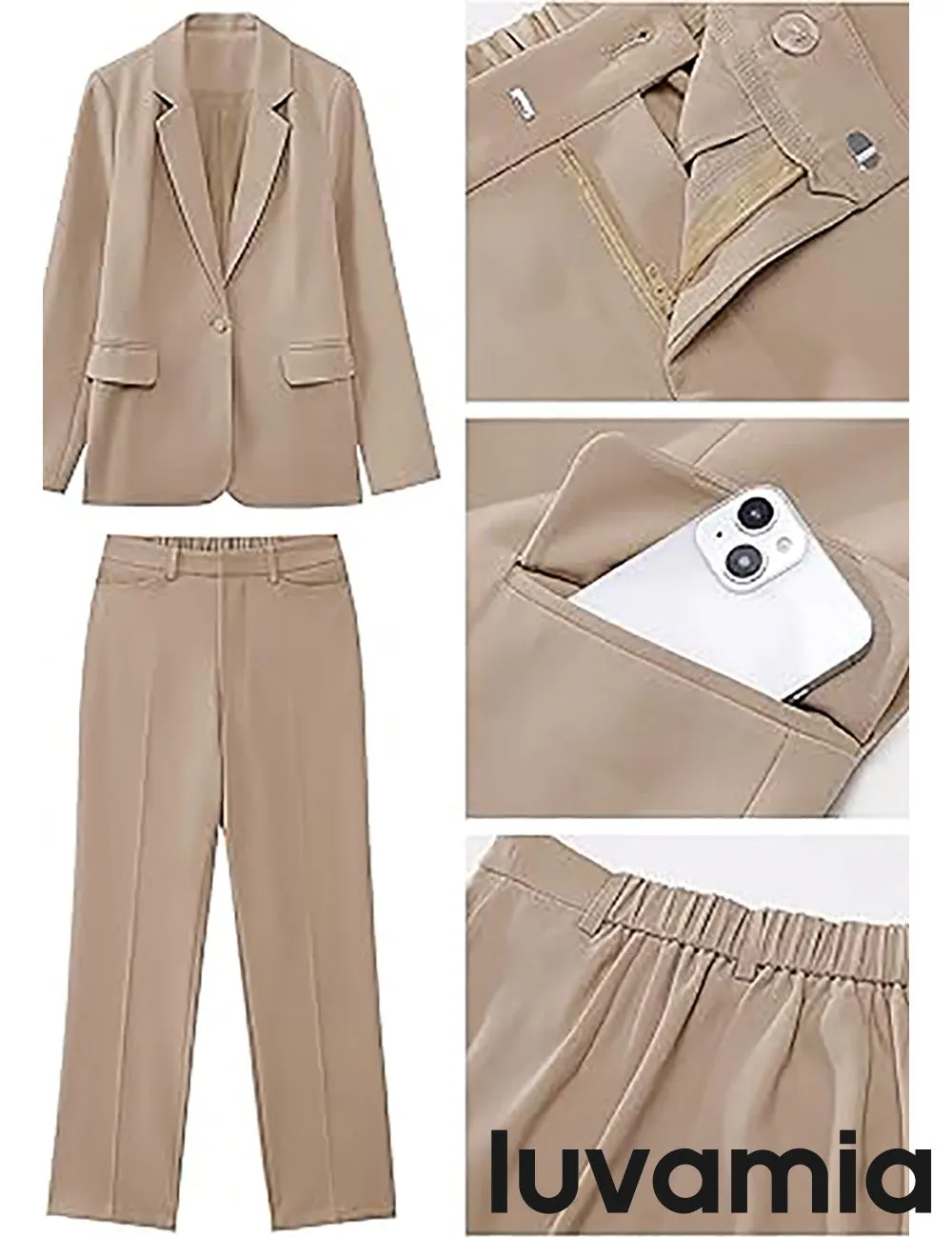LUVAMIA Women's Blazer Set Business Casual Full Fit Blazer Jackets and Straight Pant Suits with Pockets