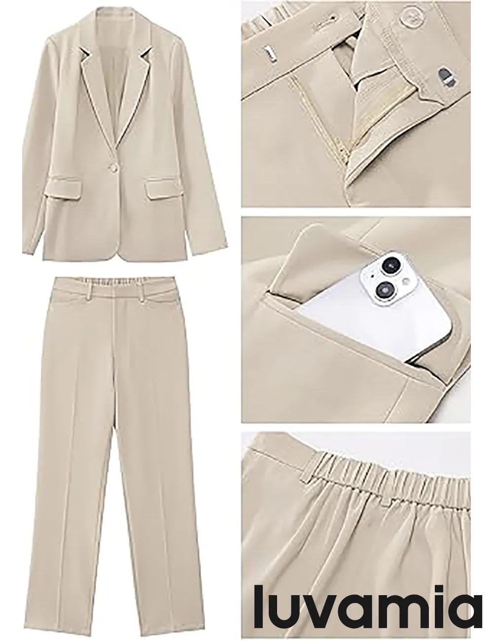 LUVAMIA Women's Blazer Set Business Casual Full Fit Blazer Jackets and Straight Pant Suits with Pockets