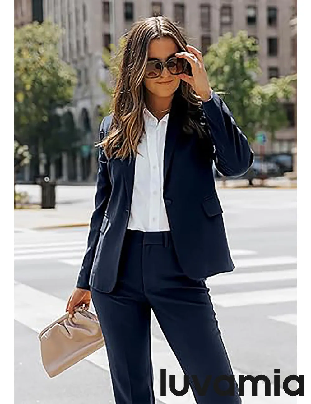 LUVAMIA Women's Blazer Set Business Casual Full Fit Blazer Jackets and Straight Pant Suits with Pockets