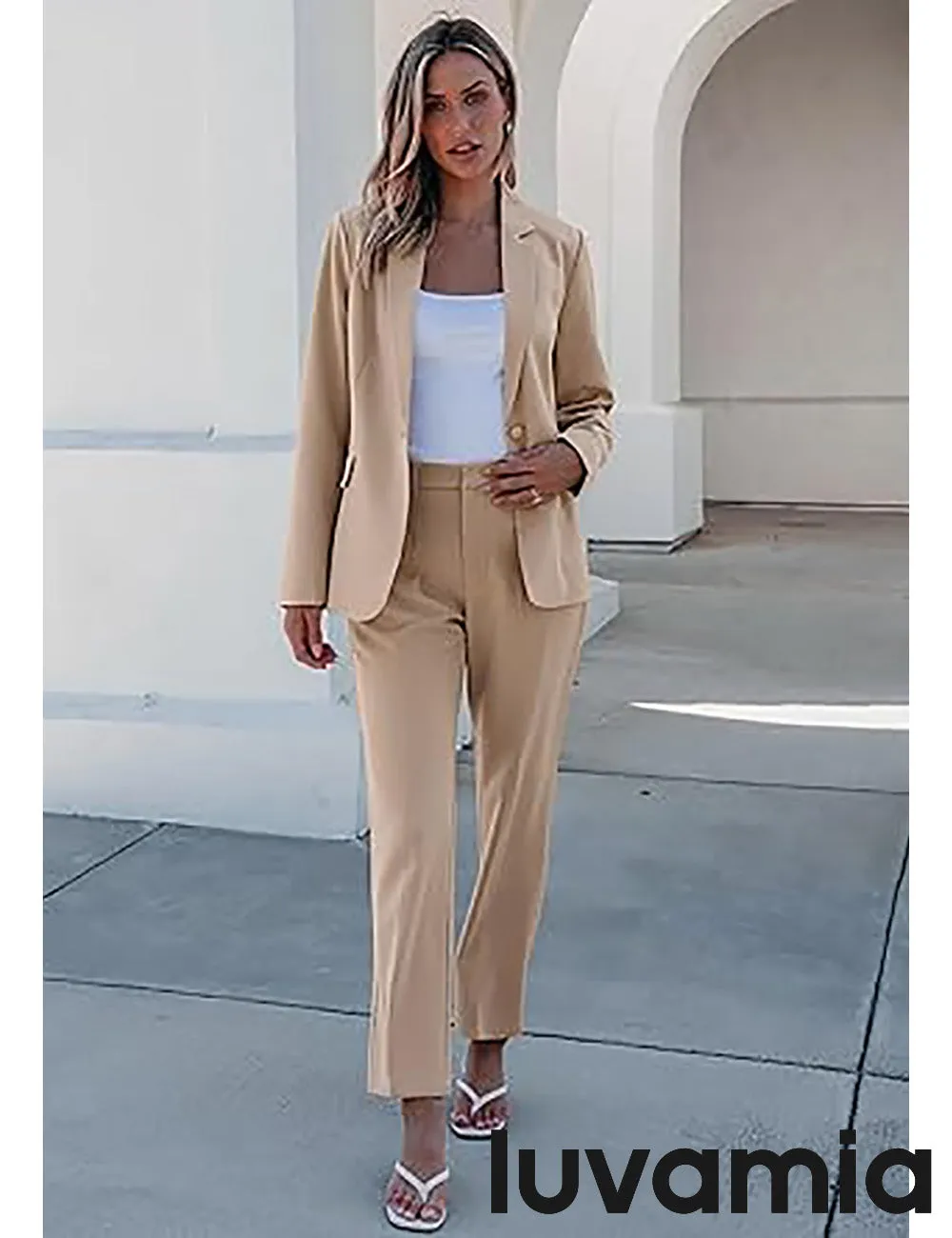 LUVAMIA Women's Blazer Set Business Casual Full Fit Blazer Jackets and Straight Pant Suits with Pockets