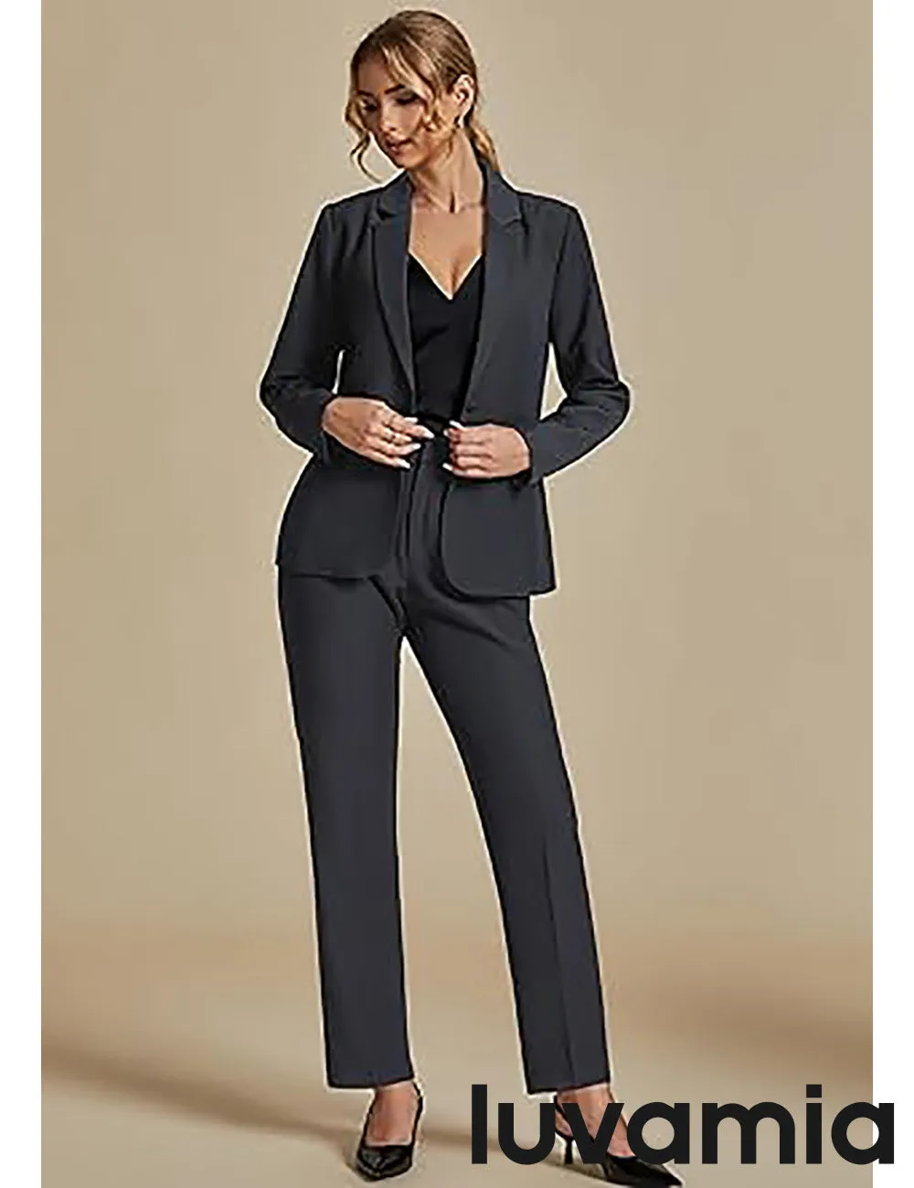 LUVAMIA Women's Blazer Set Business Casual Full Fit Blazer Jackets and Straight Pant Suits with Pockets