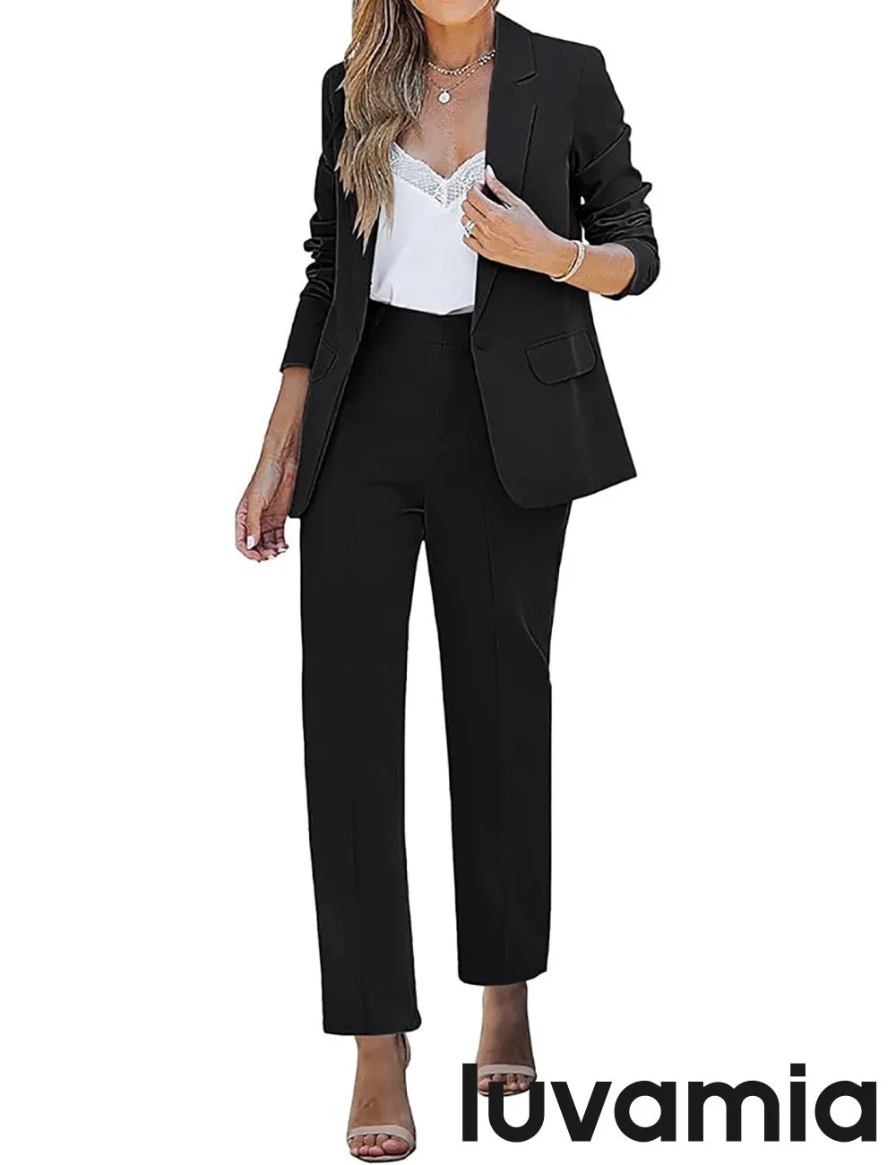 LUVAMIA Women's Blazer Set Business Casual Full Fit Blazer Jackets and Straight Pant Suits with Pockets