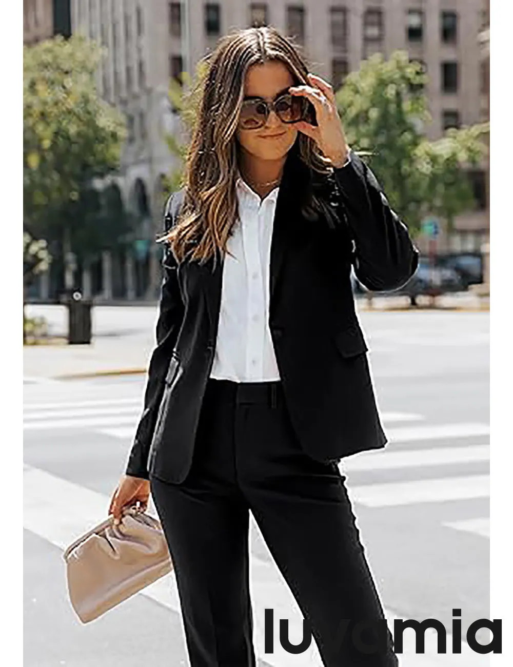 LUVAMIA Women's Blazer Set Business Casual Full Fit Blazer Jackets and Straight Pant Suits with Pockets