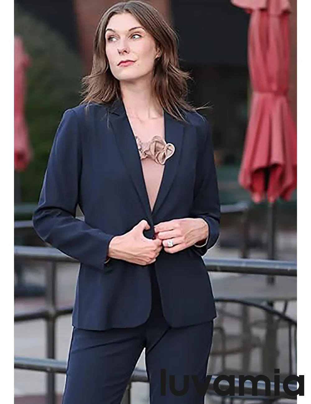 LUVAMIA Women's Blazer Set Business Casual Full Fit Blazer Jackets and Straight Pant Suits with Pockets