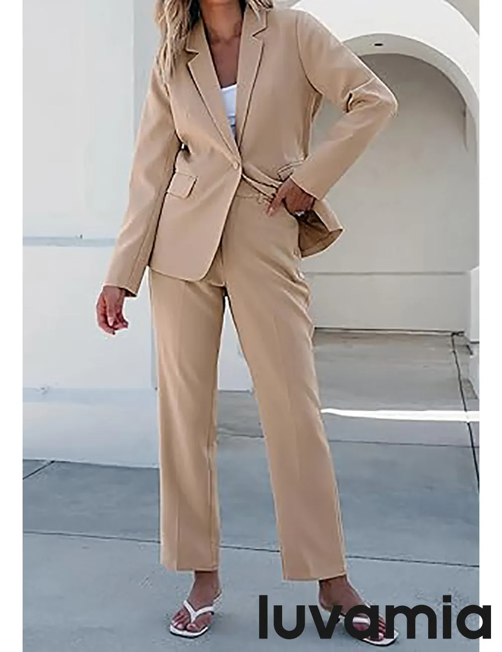 LUVAMIA Women's Blazer Set Business Casual Full Fit Blazer Jackets and Straight Pant Suits with Pockets