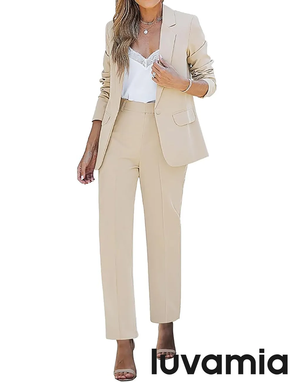 LUVAMIA Women's Blazer Set Business Casual Full Fit Blazer Jackets and Straight Pant Suits with Pockets