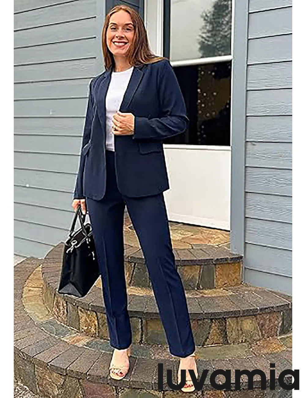 LUVAMIA Women's Blazer Set Business Casual Full Fit Blazer Jackets and Straight Pant Suits with Pockets