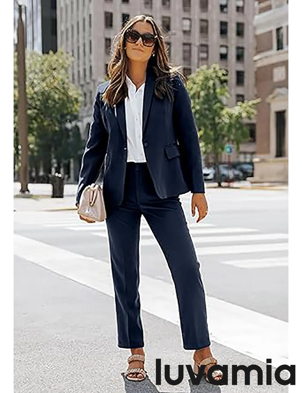 LUVAMIA Women's Blazer Set Business Casual Full Fit Blazer Jackets and Straight Pant Suits with Pockets