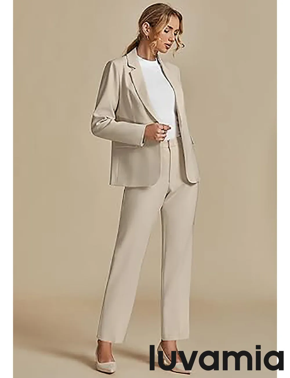 LUVAMIA Women's Blazer Set Business Casual Full Fit Blazer Jackets and Straight Pant Suits with Pockets