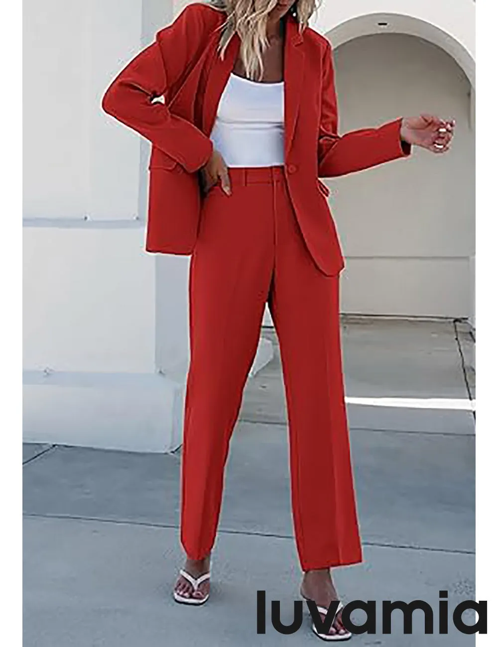 LUVAMIA Women's Blazer Set Business Casual Full Fit Blazer Jackets and Straight Pant Suits with Pockets