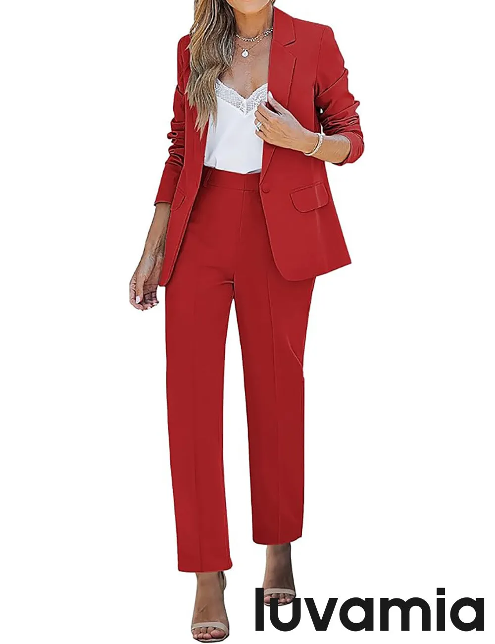 LUVAMIA Women's Blazer Set Business Casual Full Fit Blazer Jackets and Straight Pant Suits with Pockets
