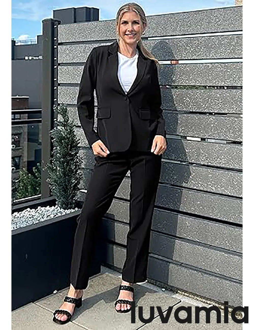LUVAMIA Women's Blazer Set Business Casual Full Fit Blazer Jackets and Straight Pant Suits with Pockets