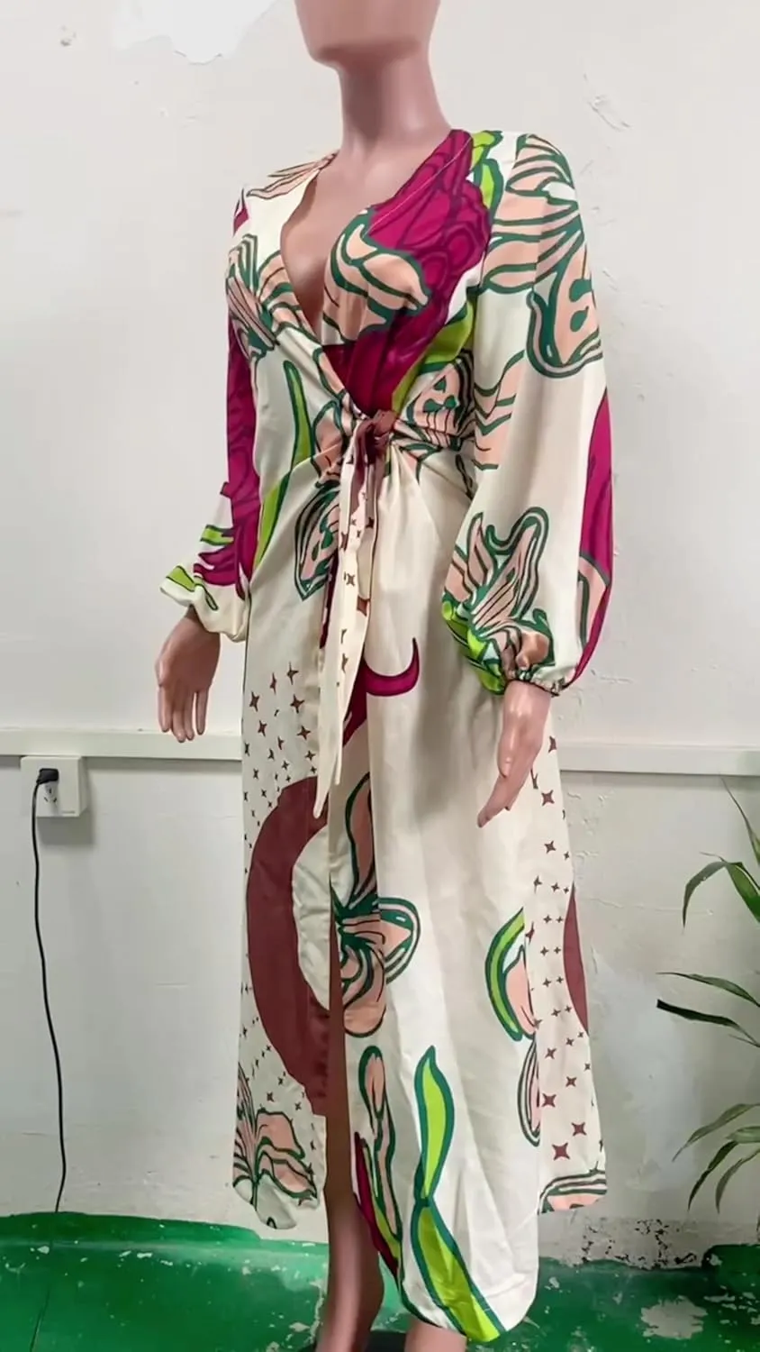Melliflo Tie Waist Floral Morana Maxi Dress for Women Lantern Sleeve Loose Boho Long Dress Graffiti Printed Dress 2025