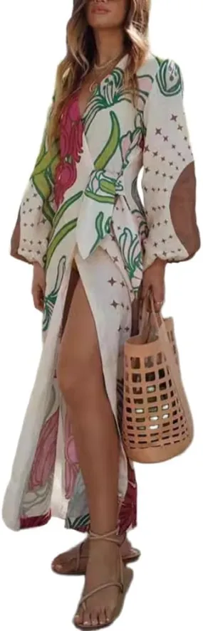 Melliflo Tie Waist Floral Morana Maxi Dress for Women Lantern Sleeve Loose Boho Long Dress Graffiti Printed Dress 2025