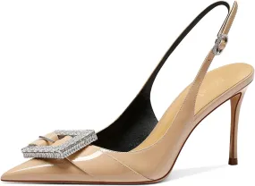 MSONLYDN Womens Heels Closed Pointed Toe Slip On Slingback Pumps Comfortable Adjustable Rhinestones Buckle Ankle Strap Heeled Sandals 3.35inch Dress Shoes