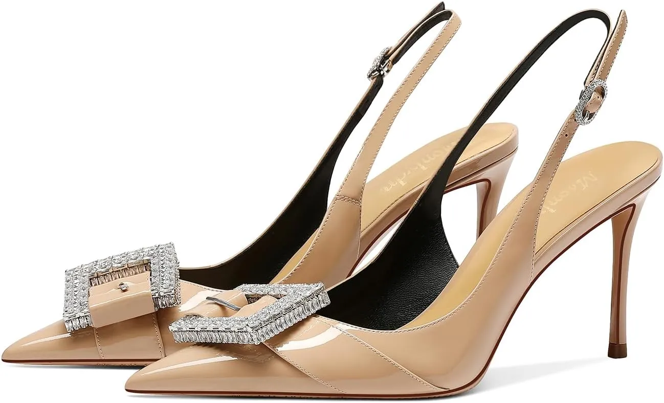 MSONLYDN Womens Heels Closed Pointed Toe Slip On Slingback Pumps Comfortable Adjustable Rhinestones Buckle Ankle Strap Heeled Sandals 3.35inch Dress Shoes