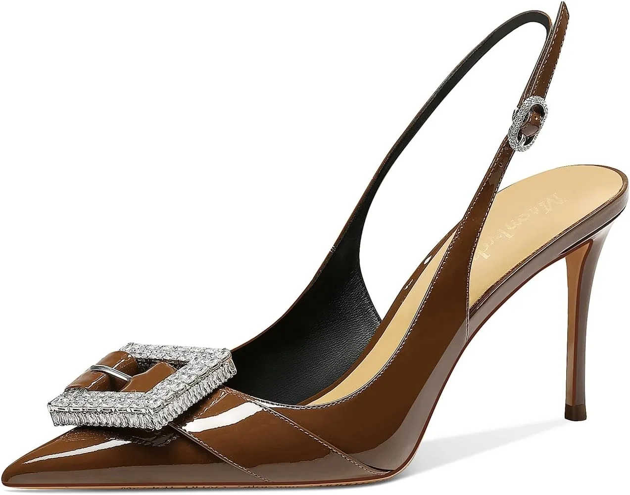 MSONLYDN Womens Heels Closed Pointed Toe Slip On Slingback Pumps Comfortable Adjustable Rhinestones Buckle Ankle Strap Heeled Sandals 3.35inch Dress Shoes