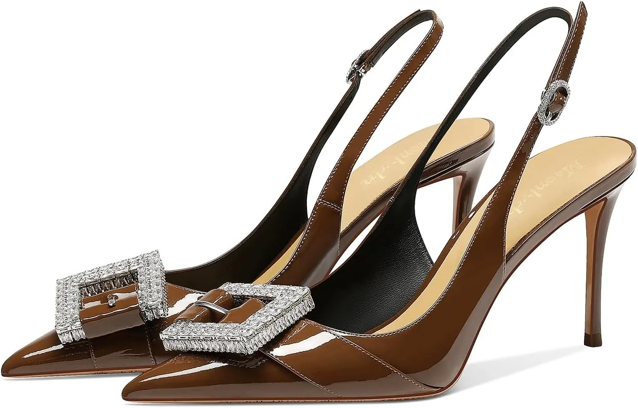 MSONLYDN Womens Heels Closed Pointed Toe Slip On Slingback Pumps Comfortable Adjustable Rhinestones Buckle Ankle Strap Heeled Sandals 3.35inch Dress Shoes