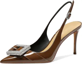 MSONLYDN Womens Heels Closed Pointed Toe Slip On Slingback Pumps Comfortable Adjustable Rhinestones Buckle Ankle Strap Heeled Sandals 3.35inch Dress Shoes