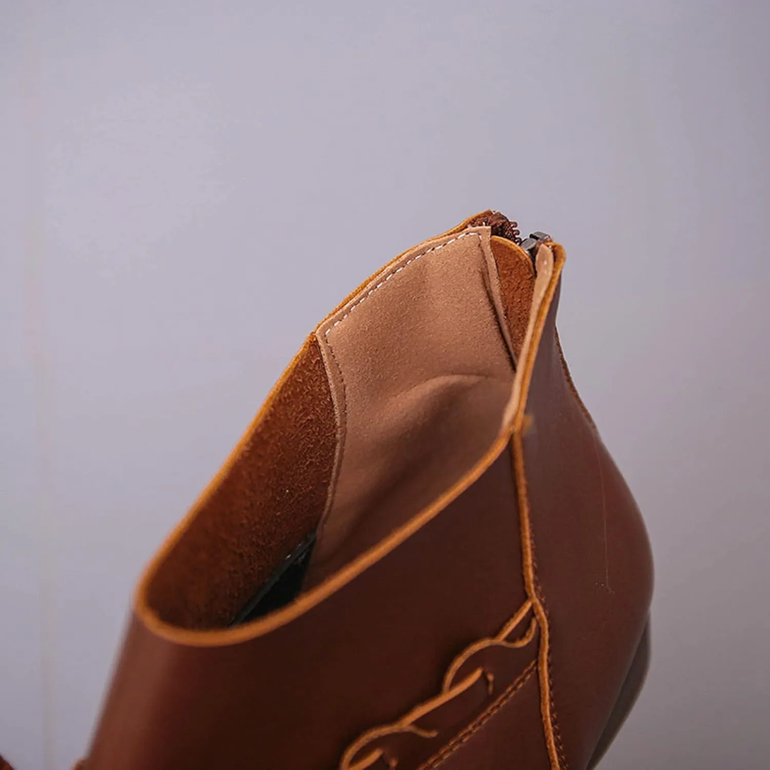oiangi Leather Boots for Women Low Heel Vintage Round Toe Bow Back Zipper Plus Velvet Ankle Booties Solid Lightweight Soft Sole Non-slip Ladies Shoes
