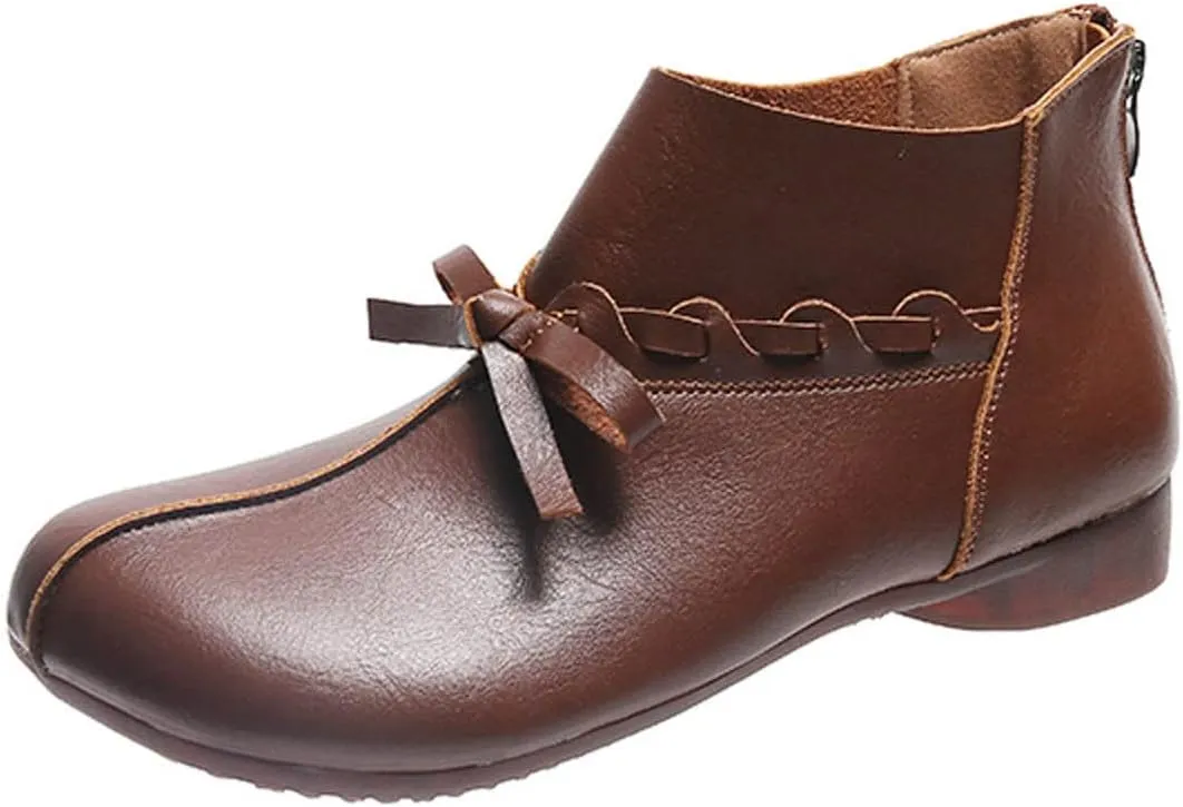 oiangi Leather Boots for Women Low Heel Vintage Round Toe Bow Back Zipper Plus Velvet Ankle Booties Solid Lightweight Soft Sole Non-slip Ladies Shoes