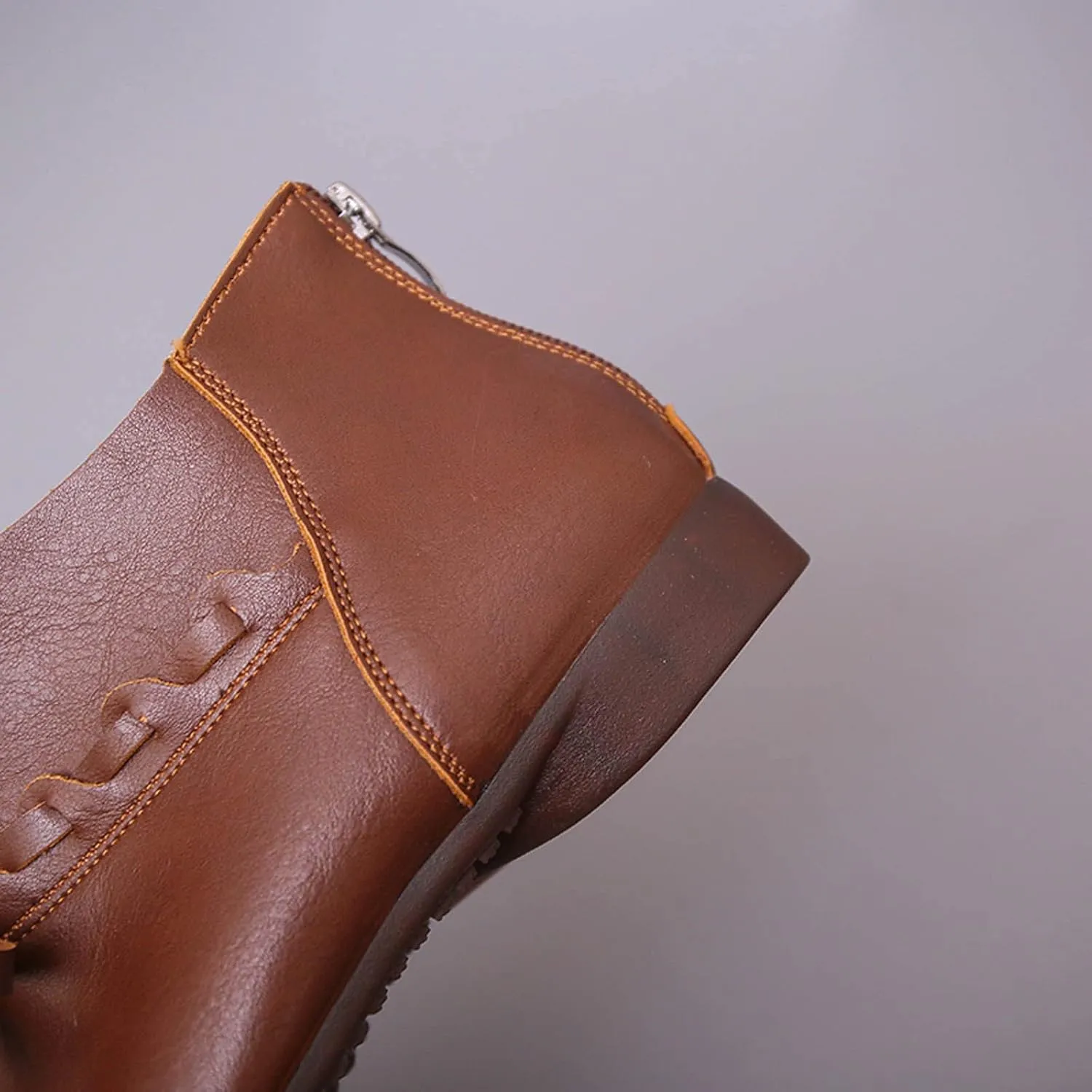 oiangi Leather Boots for Women Low Heel Vintage Round Toe Bow Back Zipper Plus Velvet Ankle Booties Solid Lightweight Soft Sole Non-slip Ladies Shoes