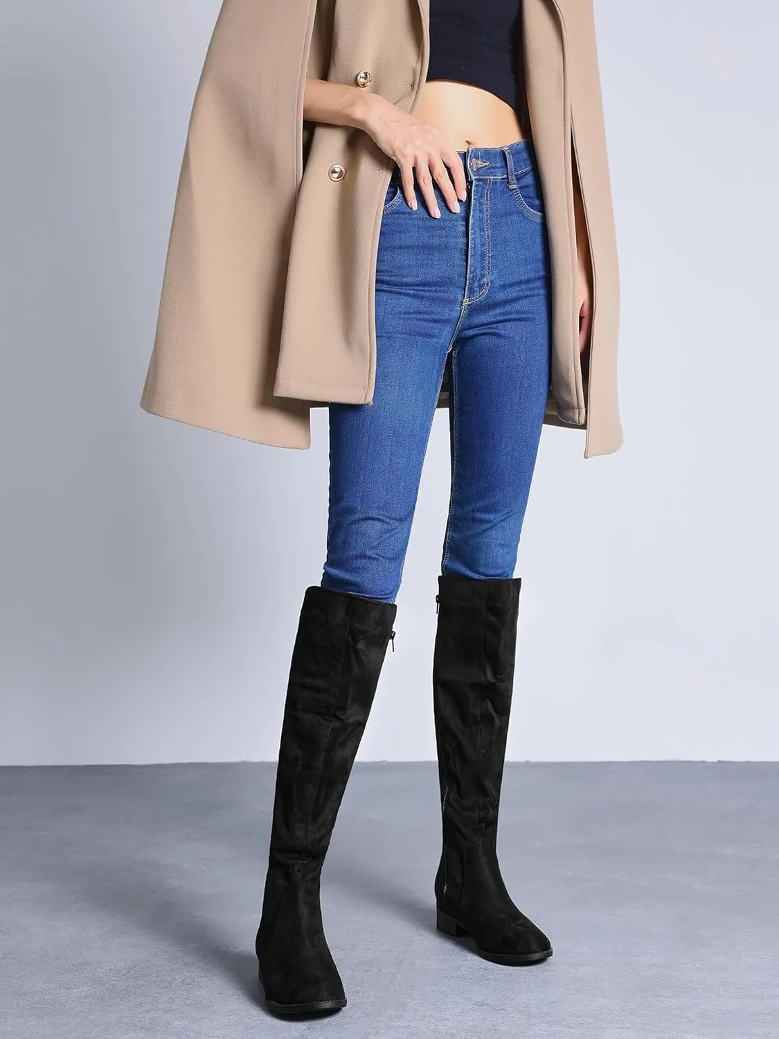 Perphy Round Toe Side Zip Chunky Heels Knee High Boots for Women