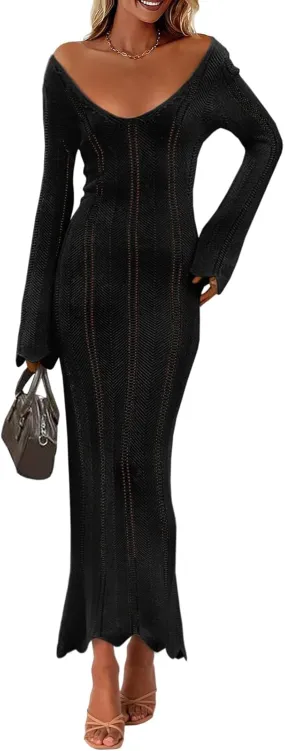 Saodimallsu Womens Crochet Maxi Dress Bell Long Sleeve Sexy V Neck Bodycon Backless Knit Dresses Beach Swim Cover Up