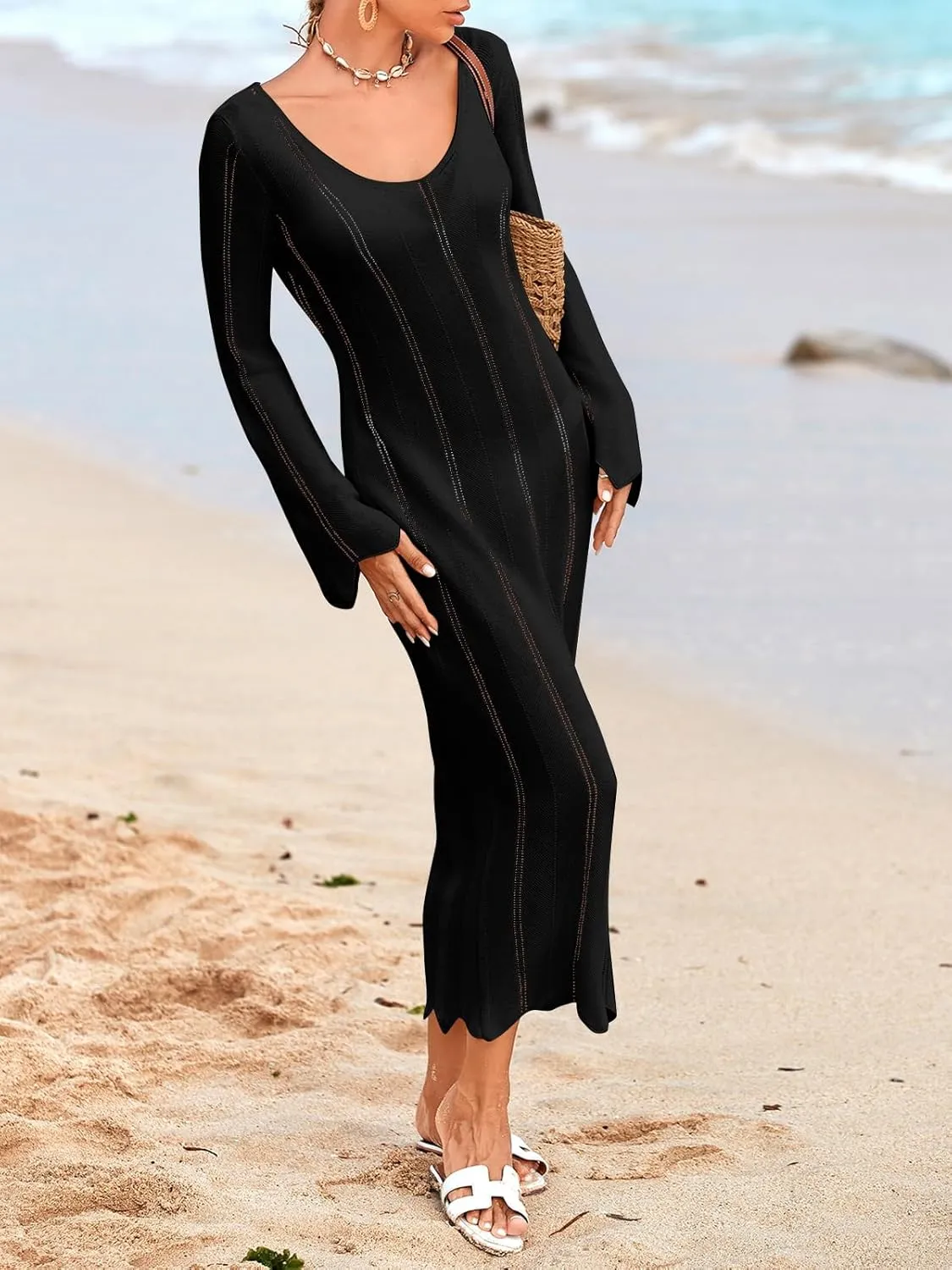 Saodimallsu Womens Crochet Maxi Dress Bell Long Sleeve Sexy V Neck Bodycon Backless Knit Dresses Beach Swim Cover Up