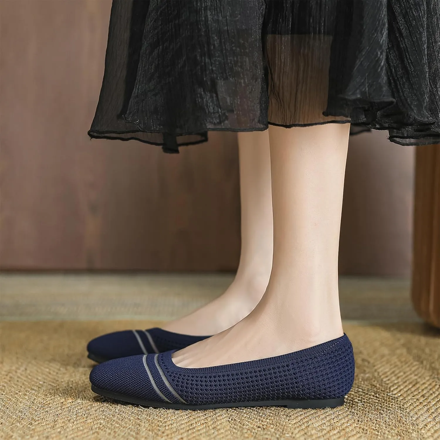 Semshedy Women's Flats Shoes Ballet Flat Knit Dress Shoes Wide Toe Slip On Ballerina Walking Flats Shoes