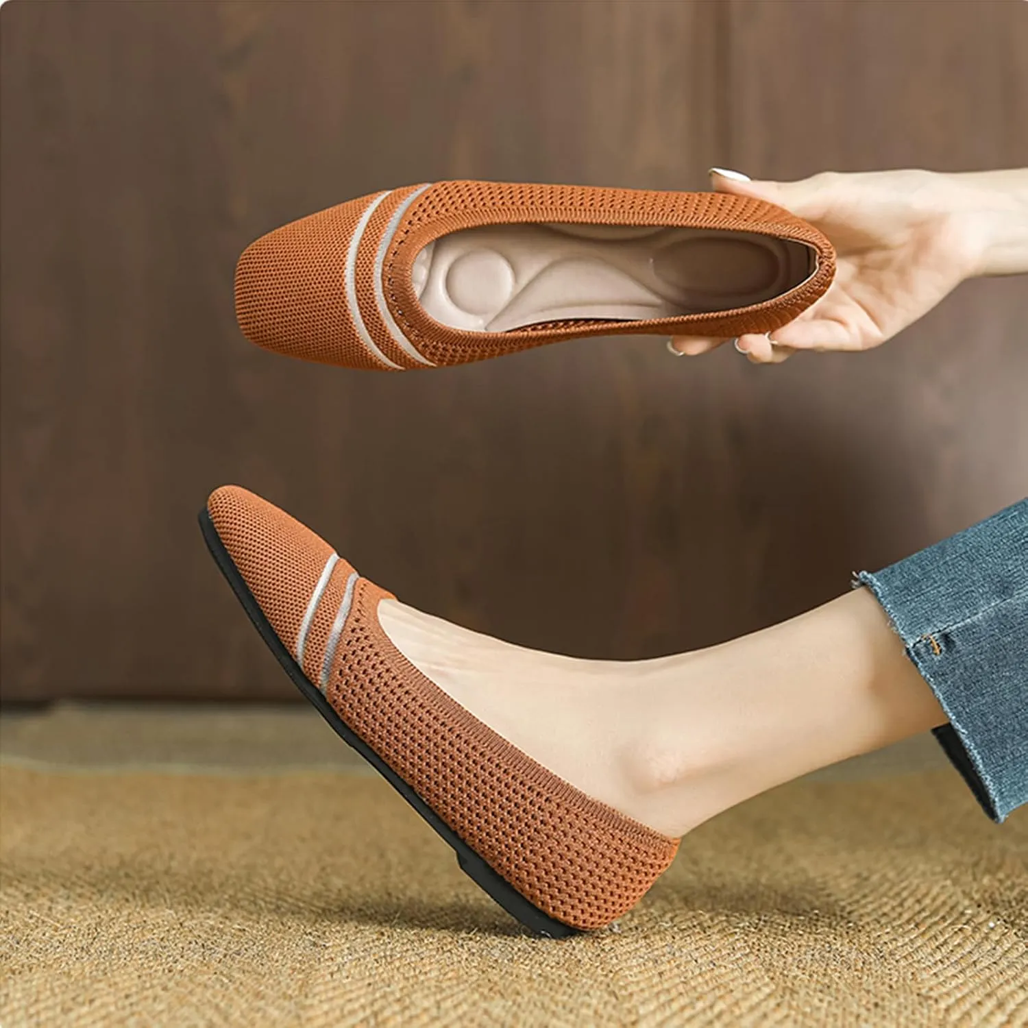 Semshedy Women's Flats Shoes Ballet Flat Knit Dress Shoes Wide Toe Slip On Ballerina Walking Flats Shoes