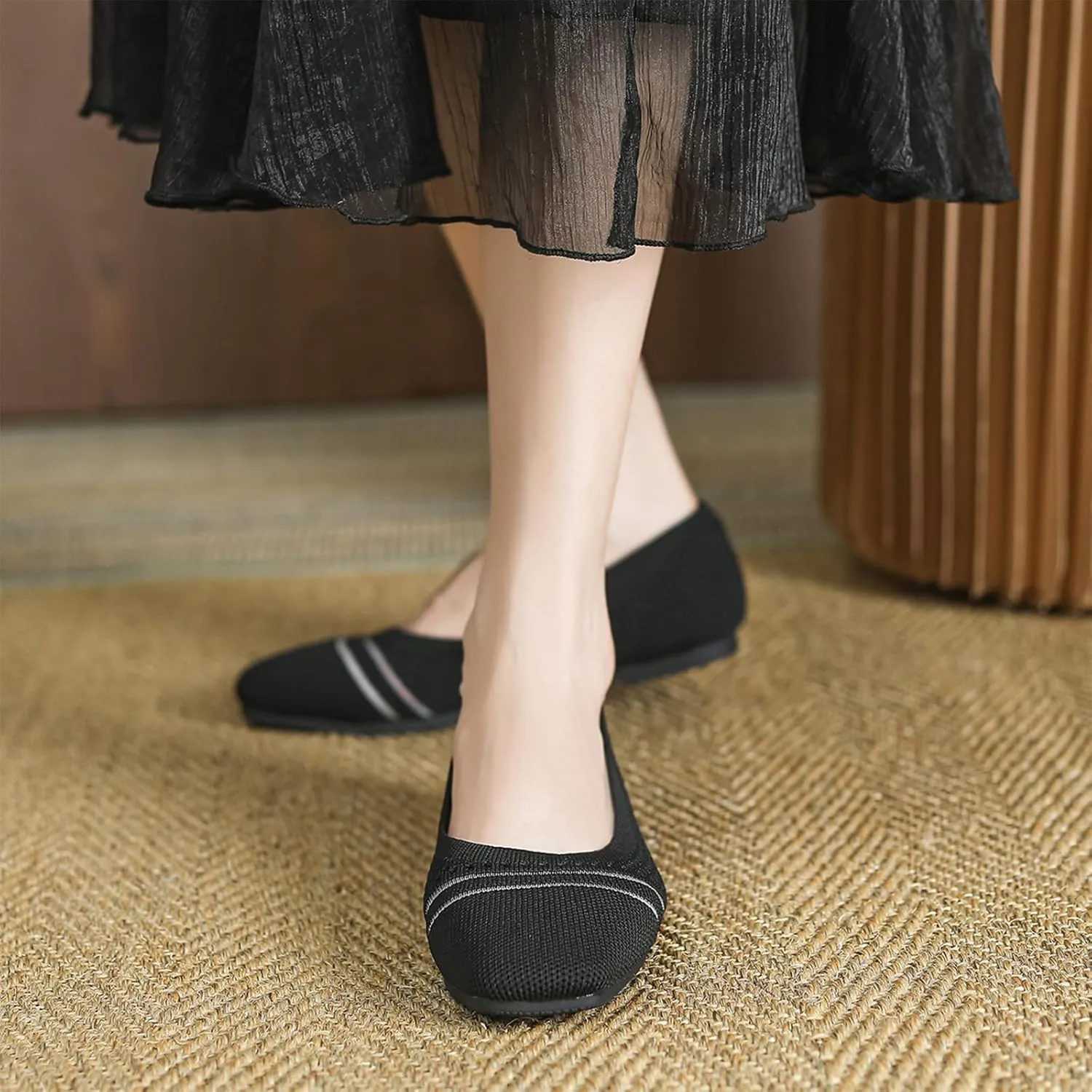 Semshedy Women's Flats Shoes Ballet Flat Knit Dress Shoes Wide Toe Slip On Ballerina Walking Flats Shoes