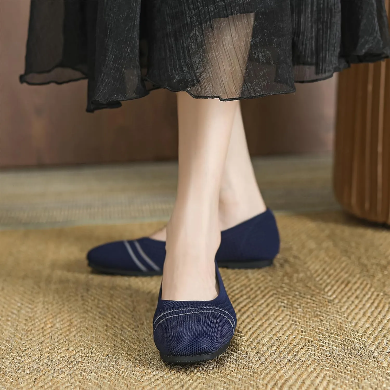 Semshedy Women's Flats Shoes Ballet Flat Knit Dress Shoes Wide Toe Slip On Ballerina Walking Flats Shoes