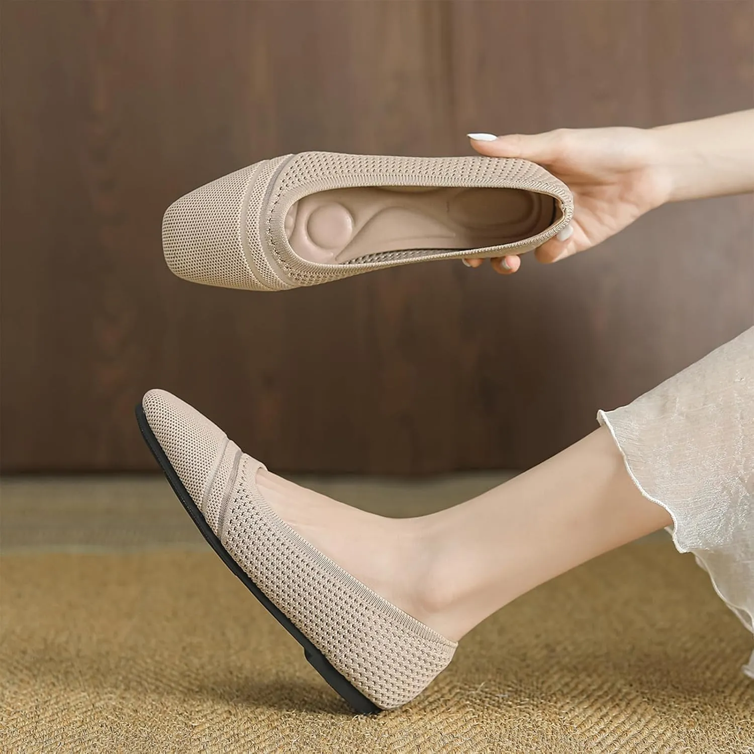 Semshedy Women's Flats Shoes Ballet Flat Knit Dress Shoes Wide Toe Slip On Ballerina Walking Flats Shoes