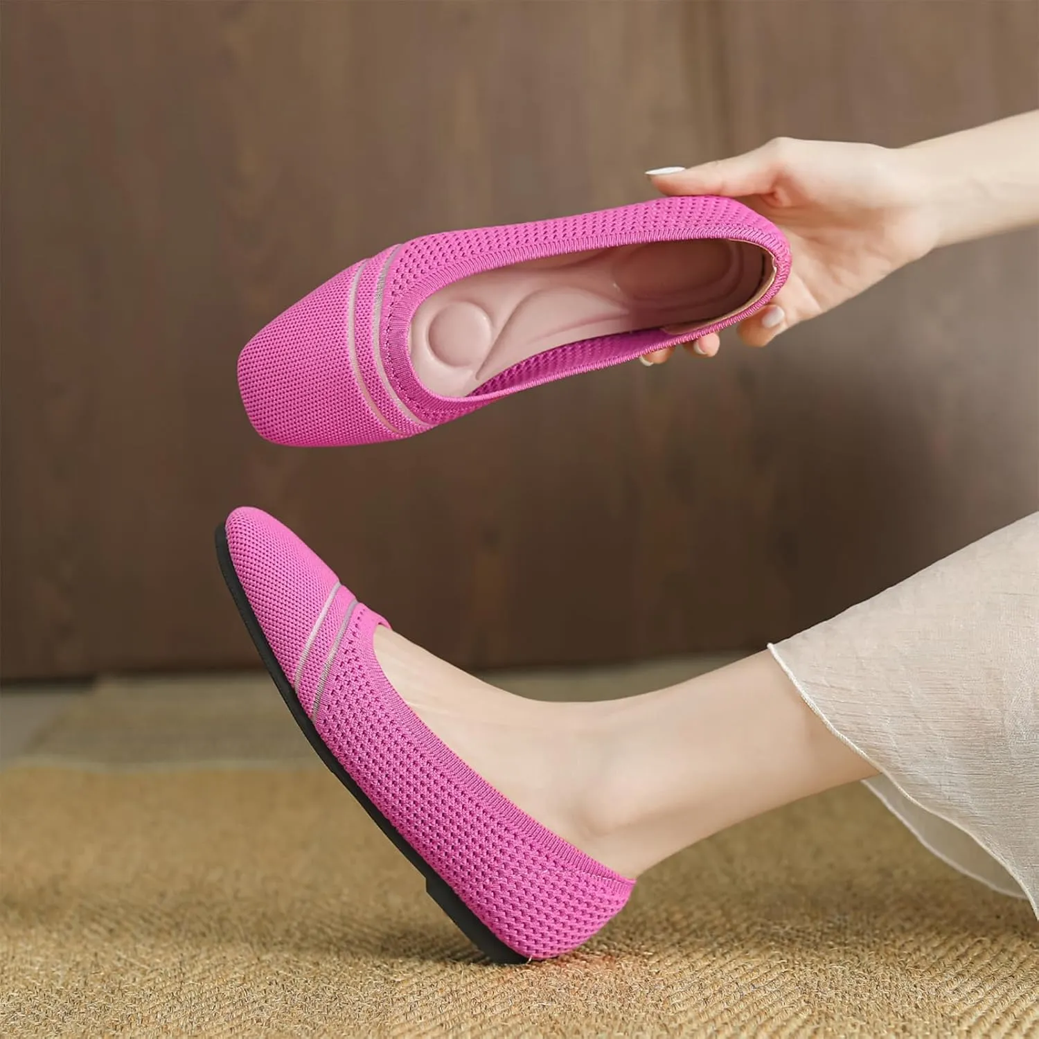Semshedy Women's Flats Shoes Ballet Flat Knit Dress Shoes Wide Toe Slip On Ballerina Walking Flats Shoes