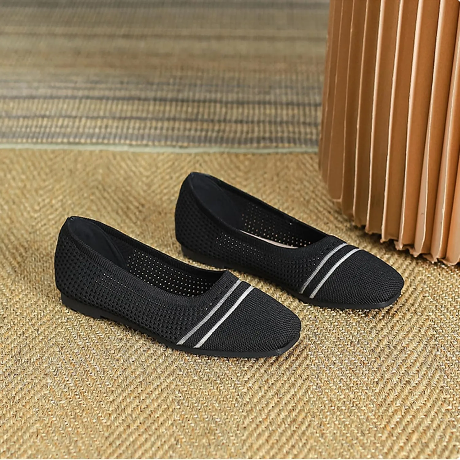 Semshedy Women's Flats Shoes Ballet Flat Knit Dress Shoes Wide Toe Slip On Ballerina Walking Flats Shoes