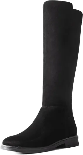 Shoe'N Tale Women's Knee High Boots Flat Low Heel Stretchy Round Toe with Side Zipper