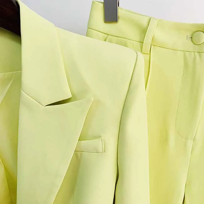 Women Light Yellow Blazer   Flare Trousers Suit Two Piece Pantsuits