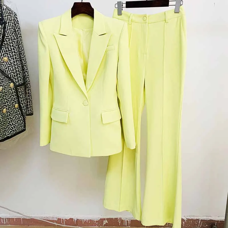 Women Light Yellow Blazer   Flare Trousers Suit Two Piece Pantsuits