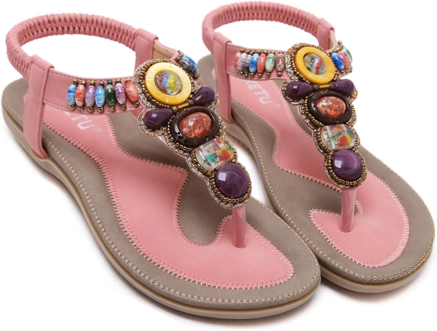 Women T-Strap Beaded Flower Gladiator Flat Dress Sandals Beach Shoes Bohemian Thong Sandal Elastic Back Strap Clip Toe Flats Sandals Summer Bohemian Rhinestone Slingback Beach Flip Flops Shoes