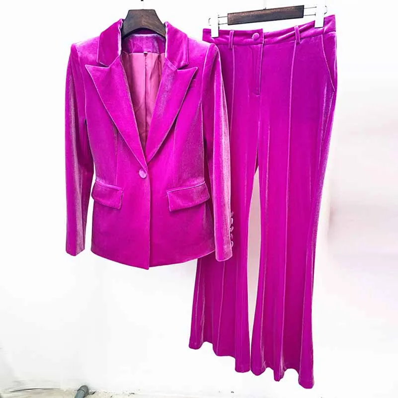 Women Velvet Blazer   Flare Trousers Suit Two Piece Pantsuits