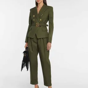 Women's Army Green Pantsuit  High Waisted Two Piece Pants Set Suits With Belt