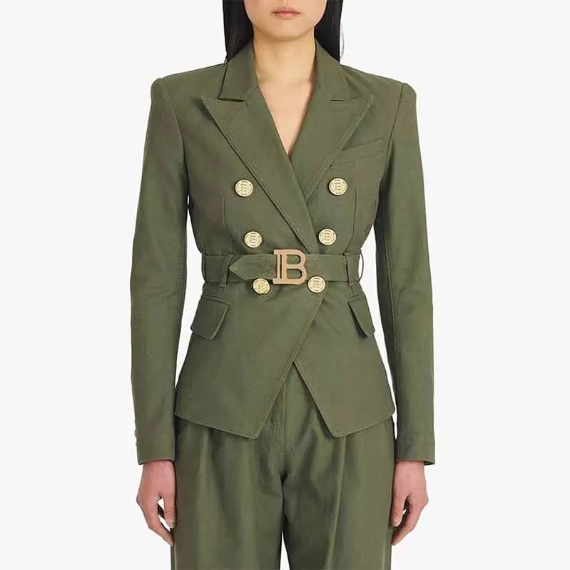 Women's Army Green Pantsuit  High Waisted Two Piece Pants Set Suits With Belt