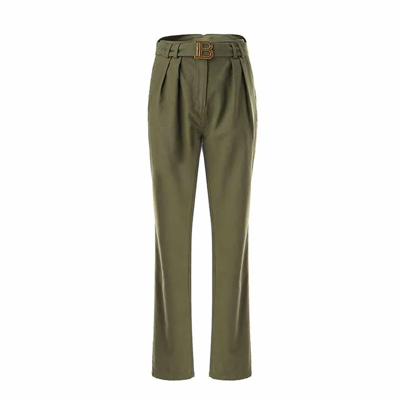 Women's Army Green Pantsuit  High Waisted Two Piece Pants Set Suits With Belt