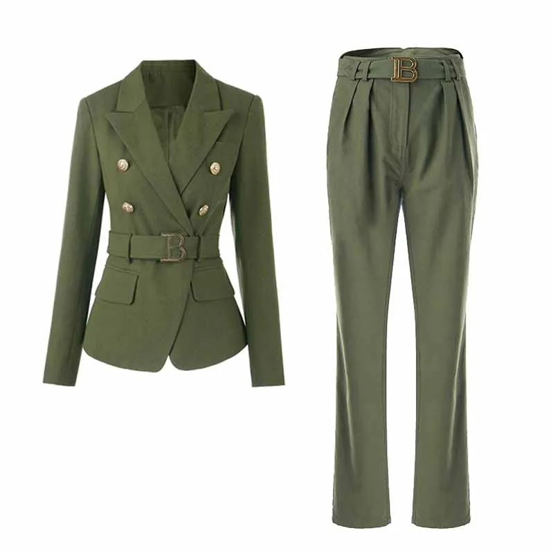 Women's Army Green Pantsuit  High Waisted Two Piece Pants Set Suits With Belt